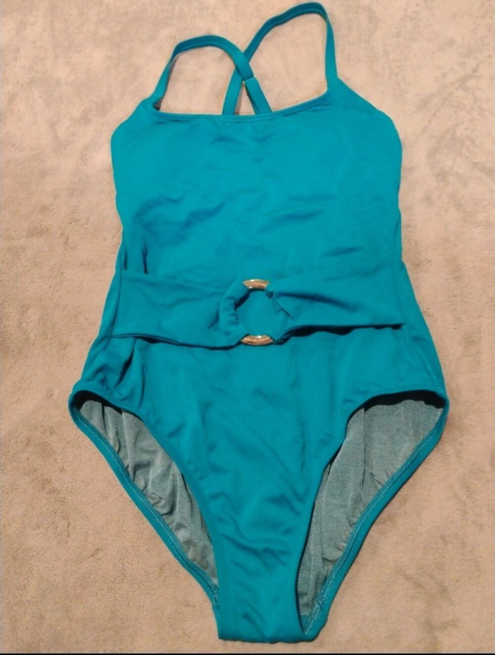 Time and Tru Turquoise Blue Gold O-Ring Belted One Piece Swimsuit - M 8-10
